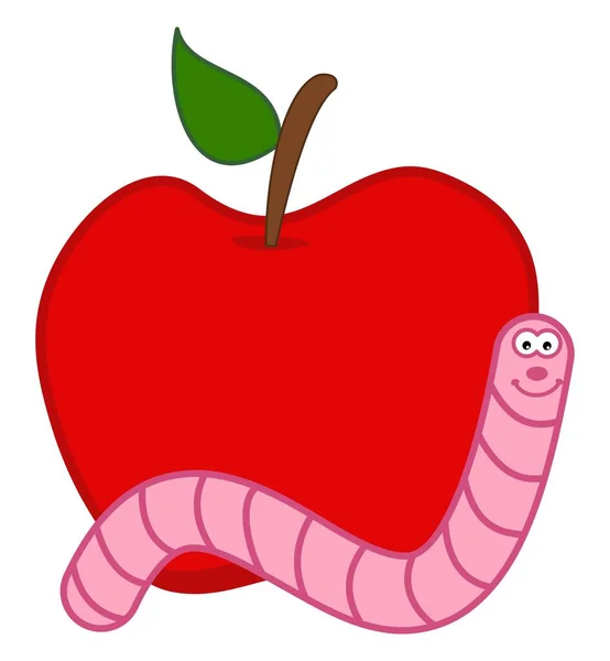 Usmívající Růžový Červ Vycházející Šťavnatého Červeného Jablka Vektor — Stockový vektor