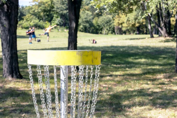 Doğada Uçan Disk Golf Oyunu Odak Noktasında Hedef Sepet — Stok fotoğraf
