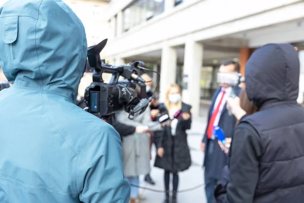 Media event or press conference during coronavirus COVID-19 pandemic