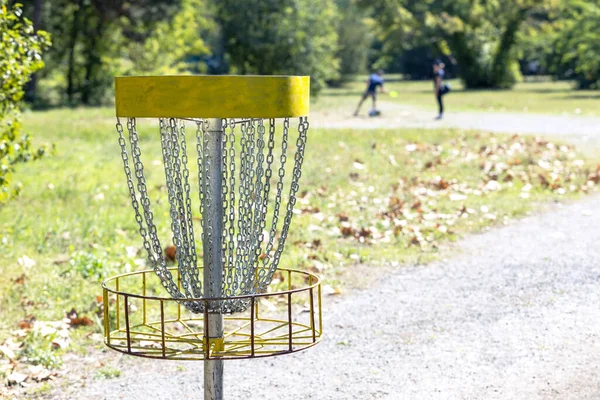 People Playing Flying Disc Golf Game Park — стоковое фото