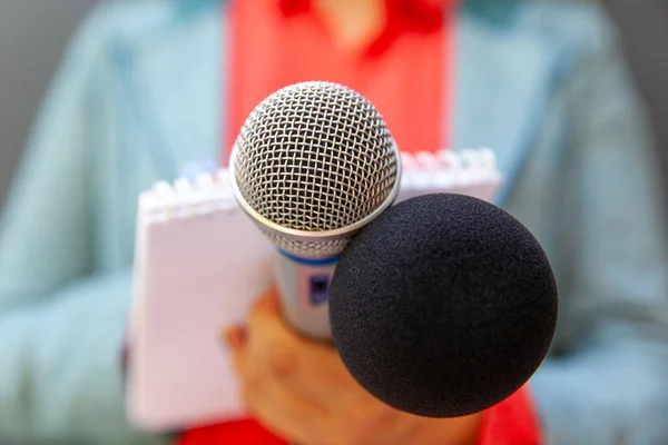 Микрофон Центре Внимания Размытая Женщина Журналистка Пресс Конференции Мероприятии Сми — стоковое фото