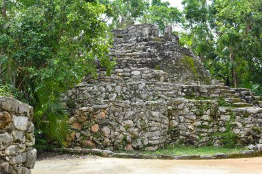 Antik uygarlığın taş piramidi. Meksika 'daki parkta Maya Piramitleri.