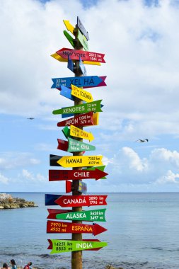 Tropik deniz manzarası. Palmiye ağaçları ve deniz ile turistik tatil beldesi. Ağaçlı güzel sahil.