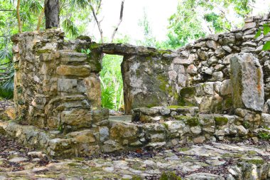 Meksika 'daki Maya piramidinin antik kalıntıları. Park skalası Cancun. Azteklerin antik medeniyetlerinin mimari mirası. taş tapınak piramidi
