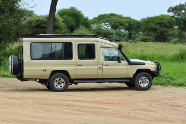 Arusha. Tanzanya, Tanzanya 'da ulusal bir rezervde Jeep safarisi. Afrika 'nın vahşi bölgelerinde arabayla macera.