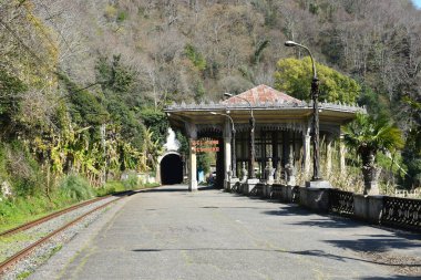 ... kullanılmayan demiryolunu terk etti. Abhazya 'daki eski tren istasyonu. Siyah tünelleri olan turistik bir yer.
