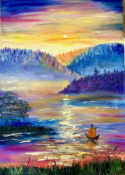 Tuval üzerine yağlı boya boya. Teknede bir keşiş çizimi. peyzaj akrilik iç mimari. Çizim ve resim dersleri.