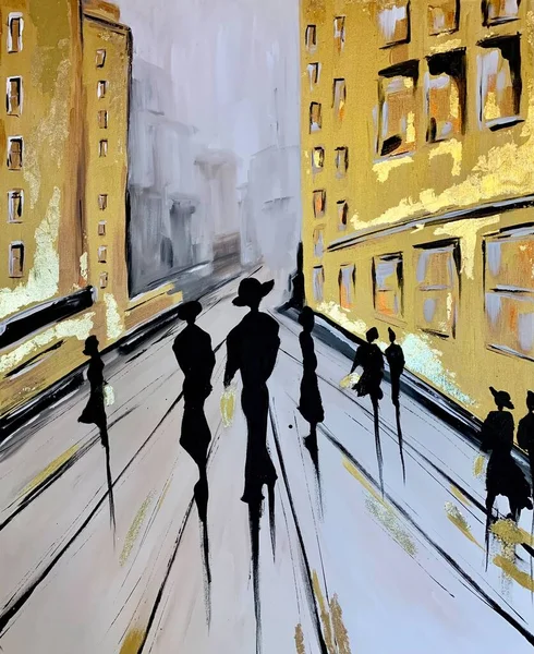 Oil painting on canvas. Women in the city, silhouettes of people on the street, picturesque. Colorful acrylic interior painting with gold. Drawing and painting lessons