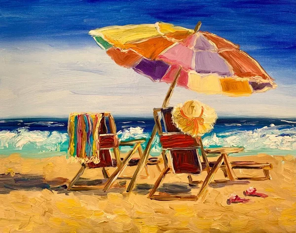 油画在帆布上 海滩度假 沙滩上的日光浴 色彩艳丽的丙烯酸内饰画 绘画课 — 图库照片