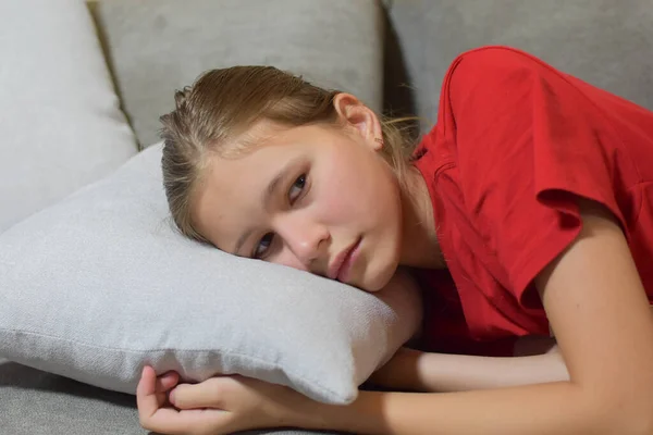 Sad Teenage Girl Lies Couch Home Teenage Depression Misunderstanding Family — Fotografia de Stock