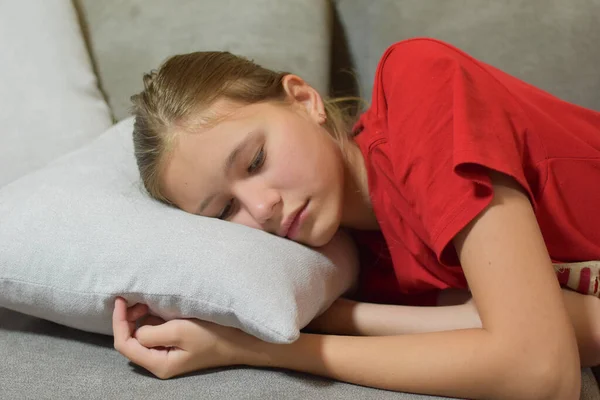 Sad Teenage Girl Lies Couch Home Teenage Depression Misunderstanding Family — Fotografia de Stock