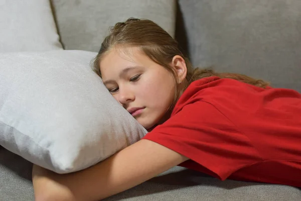 Sad Teenage Girl Lies Couch Home Teenage Depression Misunderstanding Family — Fotografia de Stock