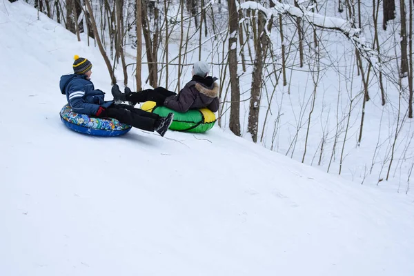 Happy Kids Tubing Snow Slide Winter Cheerful Childrens Active Sports — Stock Fotó
