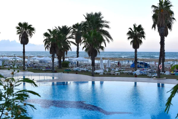 Expensive Luxury Hotel Pool Palm Trees Sunset Luxury Hotel Tropics — стоковое фото
