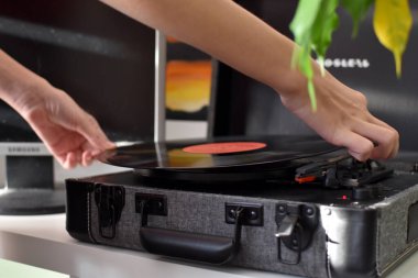musical retro gramophone for listening to vinyl records. music player for old discs