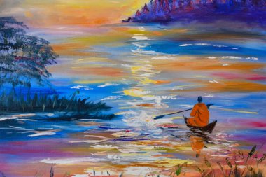 Oil painting on canvas evening sunset. the art of painting with oil paints and brushes. Interior painting for home