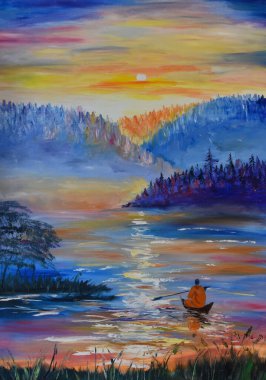 Oil painting on canvas evening sunset. the art of painting with oil paints and brushes. Interior painting for home
