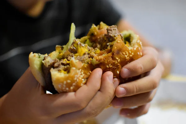 Boy Appetite Eats Delicious Hamburger Child Bites Large Piece Sandwich — Foto Stock