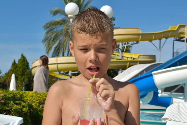 Joyful Teen Boy Drinking Delicious Cocktail Summer Beach Child Boy — Foto Stock