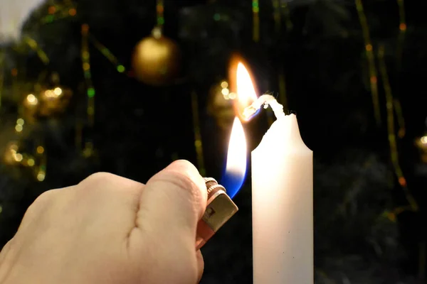 Lighting Candle Lighter Burning Candle Dark — стоковое фото