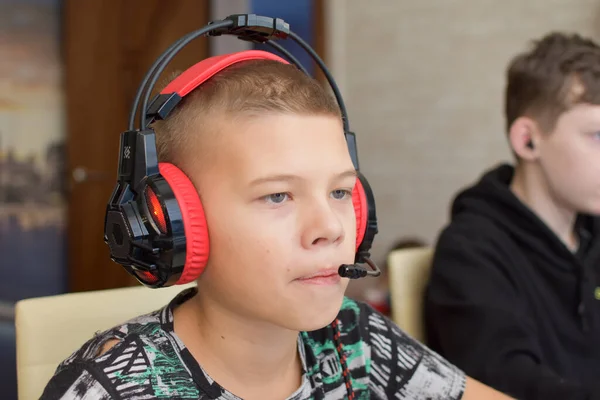 Boy Looks Computer Monitor Child Plays Online Games Distance Learning — Stockfoto