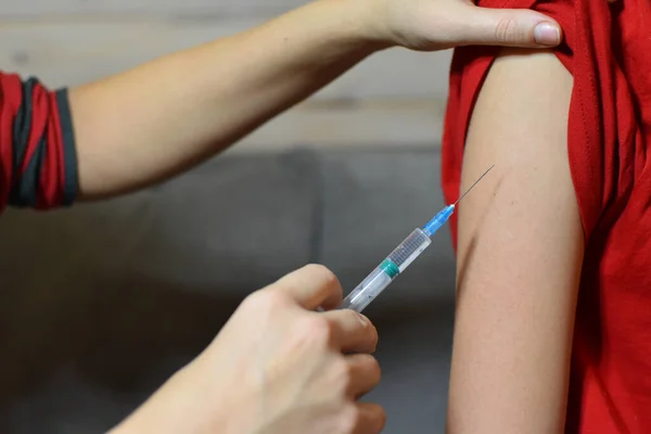 Vaccination Child Doctor Gives Injection Arm — Foto de Stock