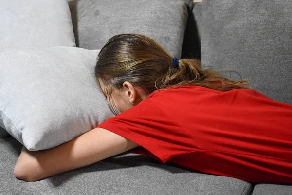 Sad Schoolgirl Couch Home Teenage Problems Misunderstandings — Stockfoto