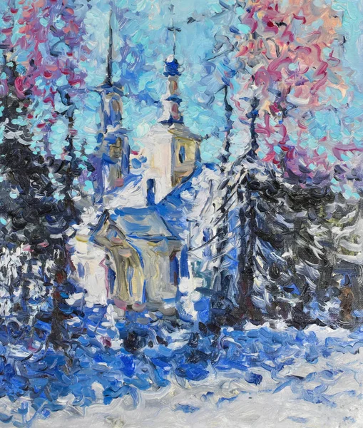 Oil Painting Impressionism Winter Landscape Painting Canvas Temple Winter Forest — 图库照片
