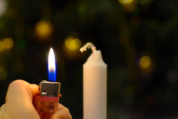 Lighting Candle Lighter Burning Candle Dark — Foto Stock