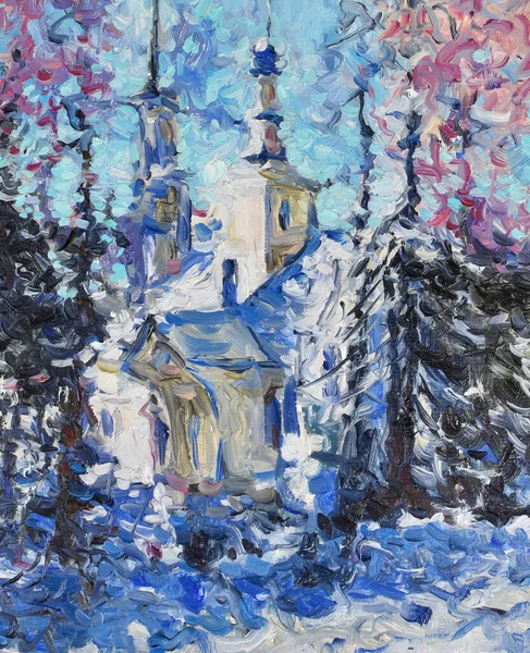 Oil Painting Impressionism Winter Landscape Painting Canvas Temple Winter Forest — ストック写真