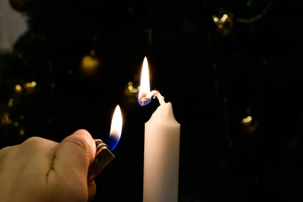 Lighting Candle Lighter Burning Candle Dark — ストック写真