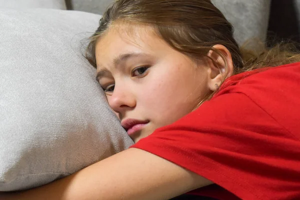 Sad Schoolgirl Couch Home Teenage Problems Misunderstandings — Fotografia de Stock