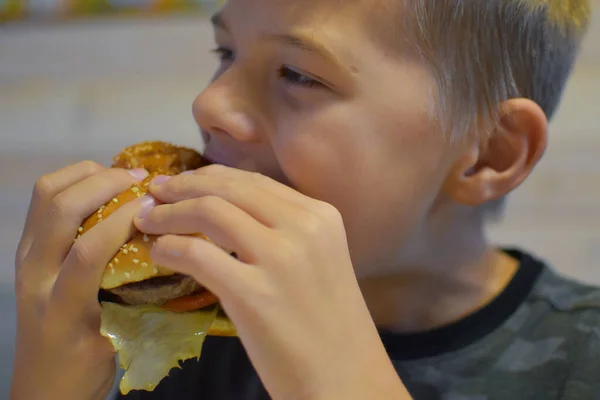 Boy Eating Delicious Fast Food Hamburger Fries — Foto Stock