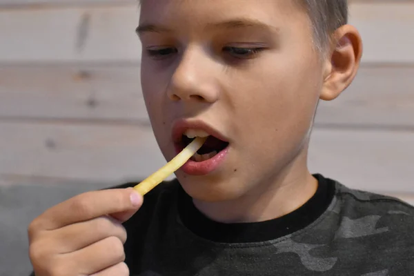 Αγόρι Τρώει Νόστιμα Fast Food Χάμπουργκερ Πατάτες Εικόνα Αρχείου
