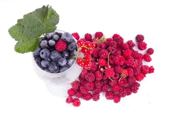 Fresh berries in glass with leaf — Stock Photo, Image