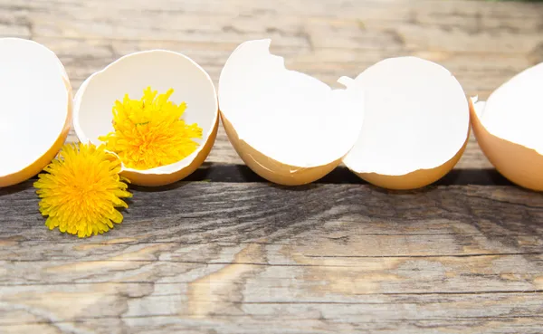 Broken eggs with yellow dandelion on wooden background — Stock Photo, Image