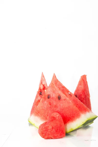 Slice of fresh red watermelon with heart isolated on white — Stock Photo, Image