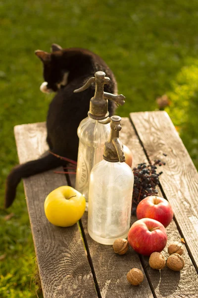 Apples on wooden table over autumn bokeh background — Stock Photo, Image