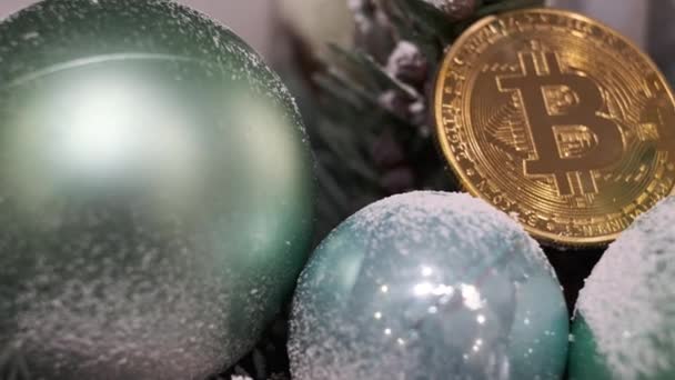 Green Christmas Balls Fir Tree Branch Souvenir Coin Bitcoin Cryptocurrency — Stockvideo