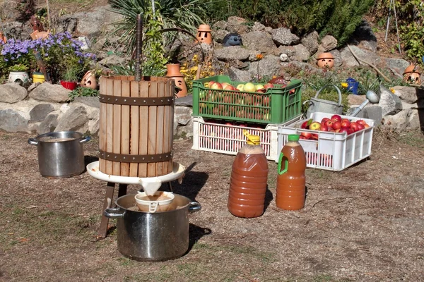 Uomo produce succo di mela, spremitura di frutta fatta in casa, Autunno in giardino — Foto Stock