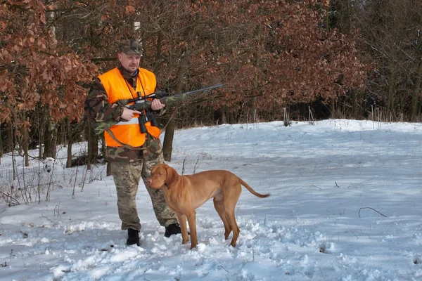 Hunter in winter, with dog Viszla — Stock Photo, Image