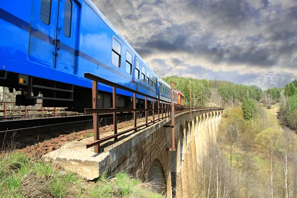 Personenzug auf Eisenbahnviadukt in der Nähe des Dorfes rikonin, Tschechische Republik — Stockfoto