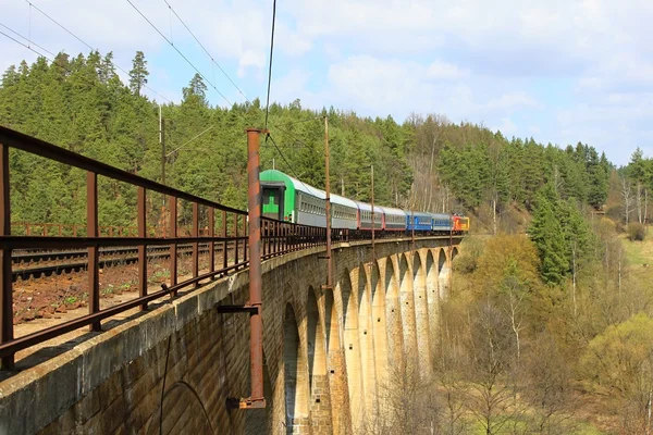 Tren de pasajeros en el viaducto ferroviario cerca del pueblo Rikonin, República Checa — Foto de Stock