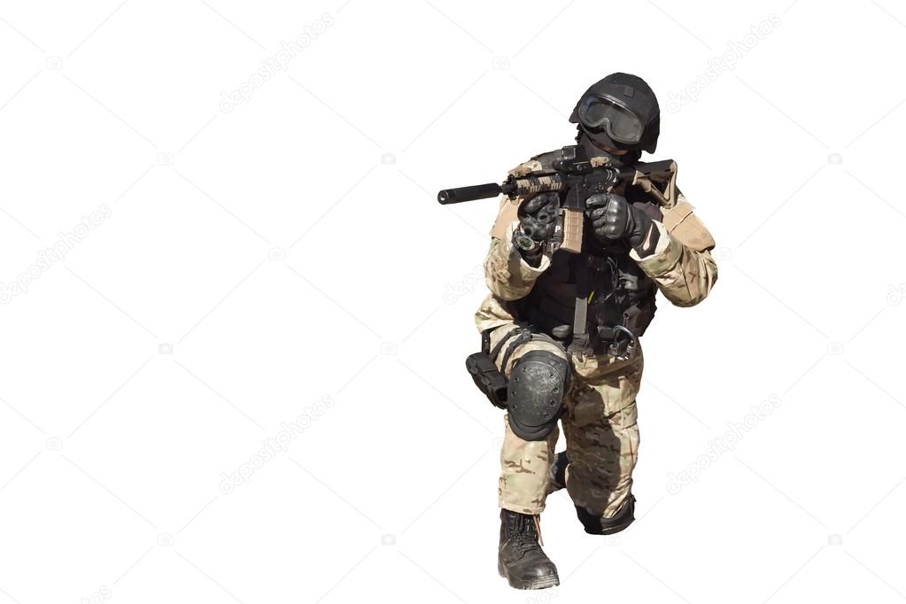 Special Forces soldier, with assault rifle, police swat, isolated on white