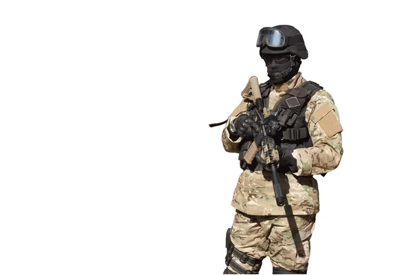 Special Forces soldier, with assault rifle, police swat, isolated on white — Stock Photo, Image