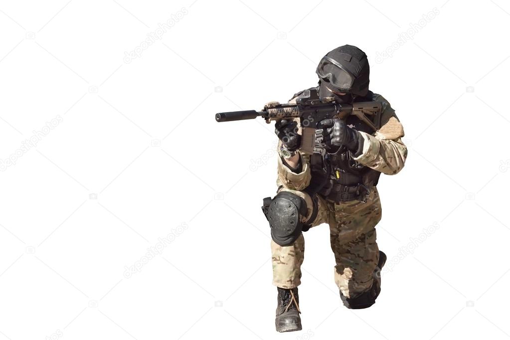 Special Forces soldier, with assault rifle, police swat, isolated on white