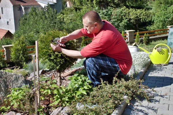 Homem trabalhando no jardim, dia de verão no jardim — Fotografia de Stock