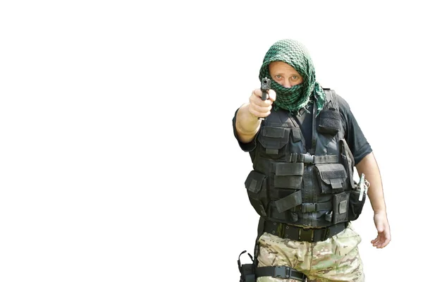 Speciale troepen soldaat, gewapende terrorist, geïsoleerd op wit — Stockfoto