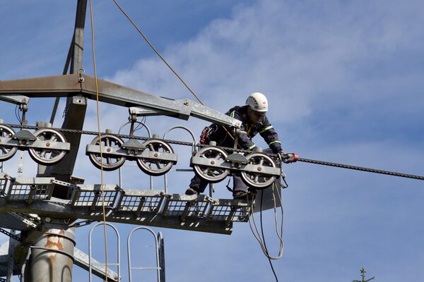 Training of rescue teams on a chairlift at ski resort
