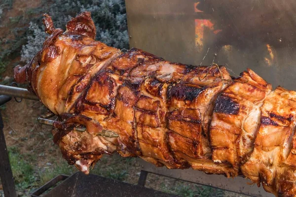 Churrasco Com Porco Jovem Uma Grelha Com Carvão Madeira Corpo — Fotografia de Stock